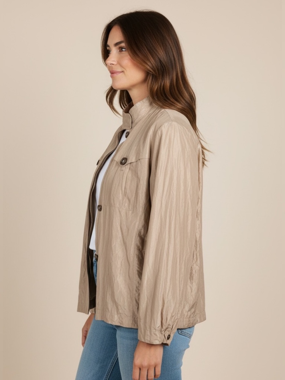 Chico's Lightweight Gold Taupe Utility Bomber Jacket Size 3 - Picture 1 of 9